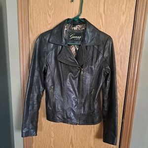 Vintage Ladies GUESS Dark Brown Genuine Leather Biker Jacket Sz. M